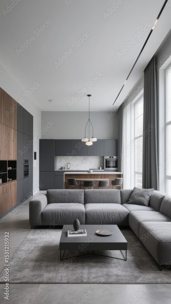 Fototapeta premium Modern minimalist living room with integrated kitchen and neutral color palette