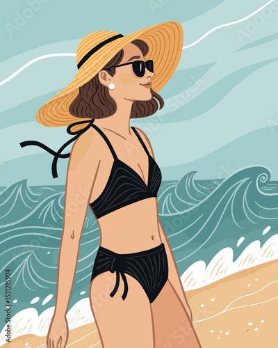 Young woman walking on the beach wearing black bikini and hat, naive art, 