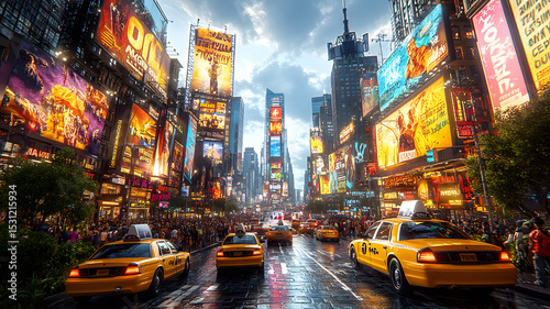 Times square new york city night cityscape yellow cabs
