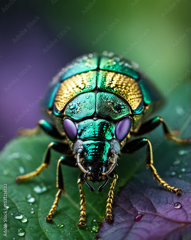 Naklejka premium macro photo of a jewel beetle with iridescent green and gold shell, symmetrical portrait angle, dewdrops on surface,