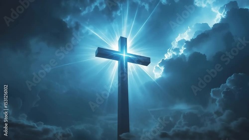 Religious blue cross symbol against a cloudy sky illuminated by a light source shining through the clouds ideal for topics of faith.