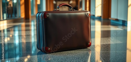 A businessman's leather suitcase sits on a polished floor, luxury, arrival