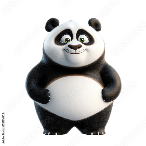 Cute cartoon panda character standing cheerfully, showcasing a friendly expression in a simple, bright environment
