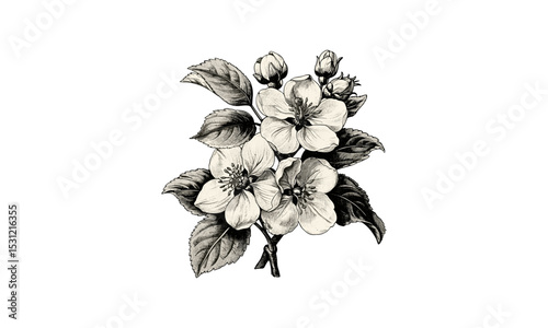Apple Blossom Engraving Vintage Flowers Vector Illustration, Floral Art, Antique Drawing, Spring Flowers, Botanical Design, Hand-Drawn Illustration, Nature Sketch, Blossom Artwork.