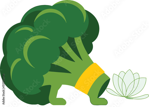 Cartoon illustration of a broccoli vegetable and a delicate lotus flower on white background
