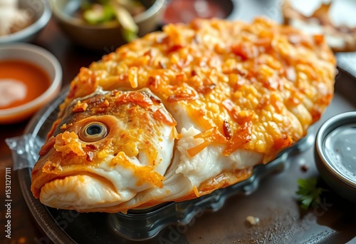 Crispy, golden-brown Shanghai-style fried fish, served hot,   East Asian food,   ginger