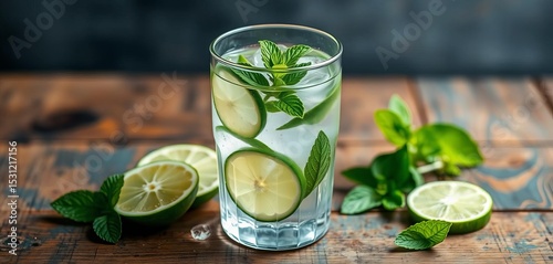 Crystal clear detox water with lime, mint, and cucumber slices in a glass on rustic wood,  vibrant,  refreshing