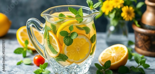 Crystal pitcher of vibrant lemon mint infused water, fresh garnishes, vibrant, pitcher
