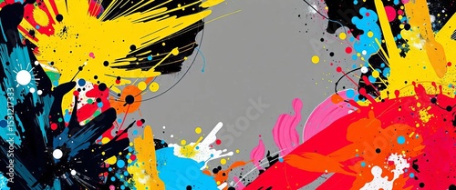 Dynamic abstract paint splatters & brush strokes form a fitness-themed frame for social media, gym,  fitness