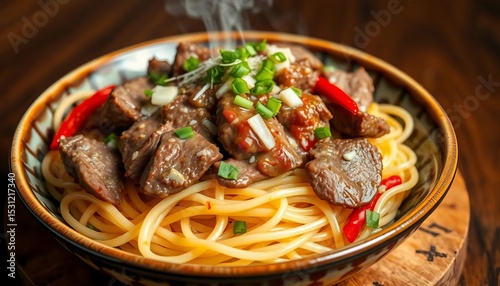 Delicate beef slices atop thin egg noodles, drizzled with white garlic & red chili sauces,   food photography,  chinese food