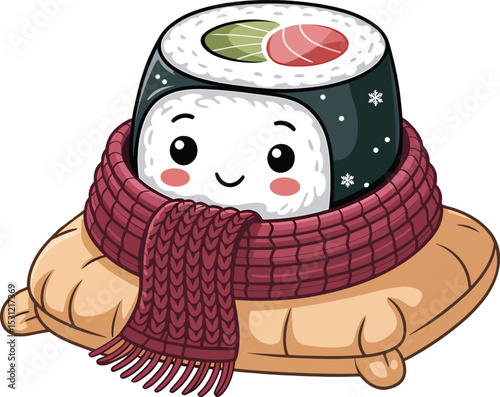 Adorable sushi roll character wearing a cozy scarf resting on a comfortable pillow