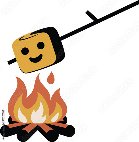 Adorable smiling marshmallow roasting over a campfire with simple vector style