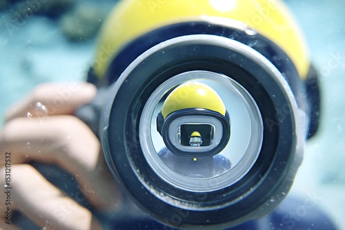 Diver helmet refracted through a round lens