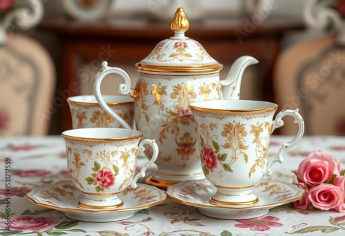 Elegant vintage coffee and tea set, ornate details, floral pattern,  silhouette,  beverage
