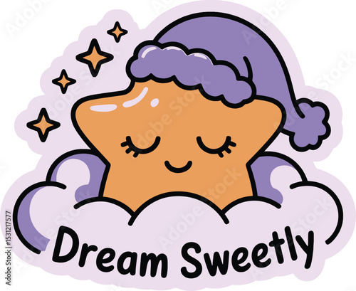 Adorable sleeping star wearing nightcap dreaming sweetly on a fluffy cloud illustration