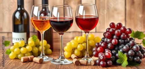 Elegant wine glasses with bottles, grapes, and corks on a wooden background,  winery,  wood