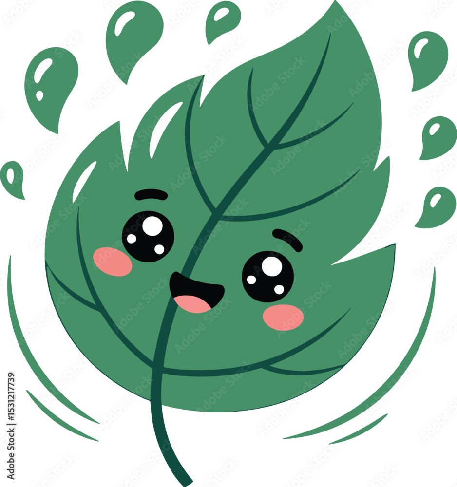 Obraz premium Adorable kawaii leaf character with cheerful expression and water droplets isolated on white