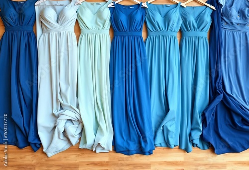 Flat lay of various shades of blue bridesmaid dresses, different styles,  maxi,  textile