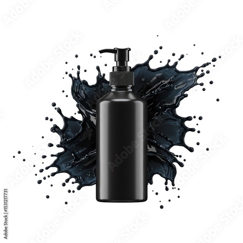 Black bottle product with liquid splash isolated
