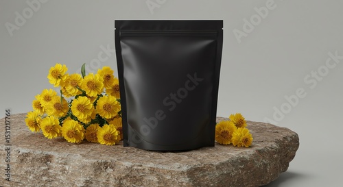 Black pouch flowers stone product display