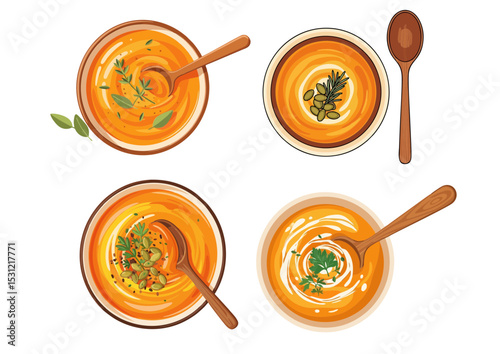 Warm bowl of butternut squash soup with garnish and spoon in flat vector illustration