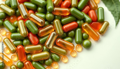 Green superfood pills, capsules & tablets in a vibrant pile,   plant,  nutrition