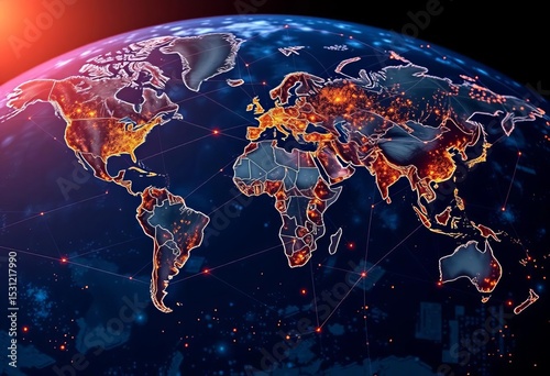 Global network visualized as radiant lines connecting continents, bird's-eye view,  reality,  technology