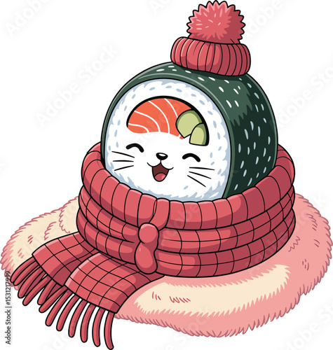 Adorable cartoon sushi cat wearing a winter hat and scarf on a cozy blanket