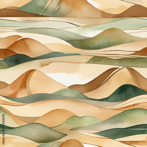 Watercolor Abstract Landscape of Rolling Green and Earth Tone Hills with Nature Inspired Design for Wall Art and Backgrounds