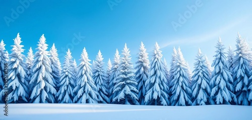 Seamless border of snowy white fir trees silhouetted against a blue winter sky Perfect for Christmas backgrounds, texture, border