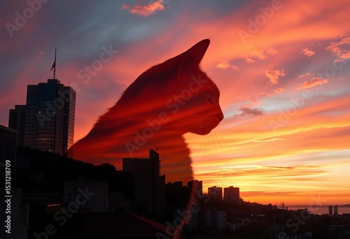 Sunset cityscape seamlessly blended with a majestic cat silhouette, surreal double exposure,  composition,  abstract