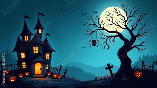 Animated Halloween scene with a spooky haunted house under a full moon near a cemetery and dark tree perfect for holiday theme