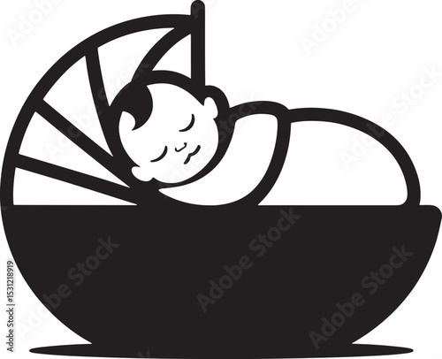 Adorable black and white illustration of a sleeping baby in a classic bassinet