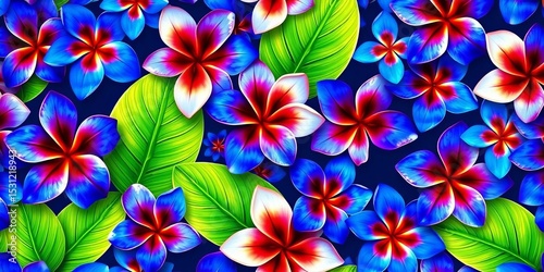 Vibrant blue tropical blooms in a repeating seamless pattern, fabric, hawaii