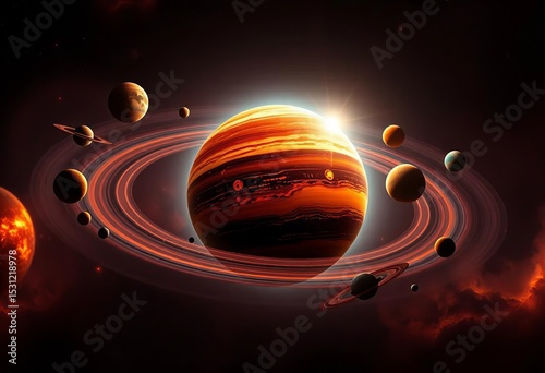 Vibrant exoplanets orbiting a distant star, diverse sizes and hues,  red,  light