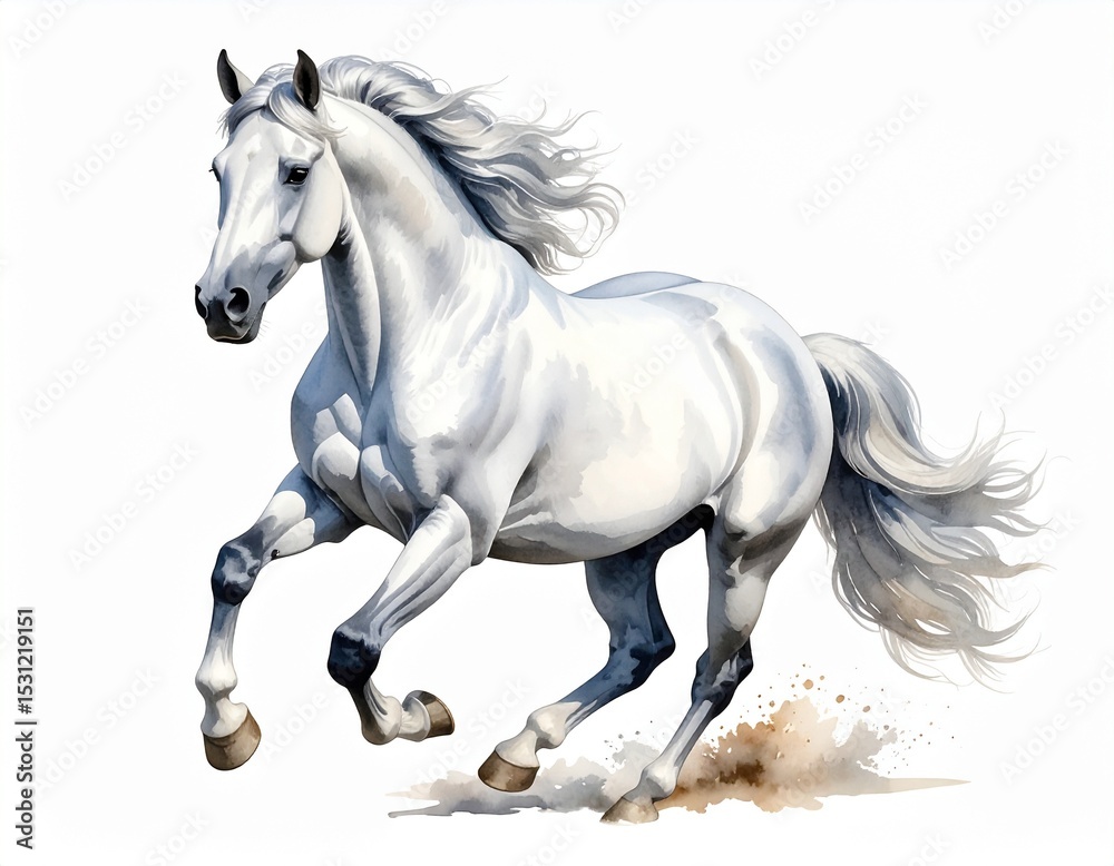 Obraz premium A powerful white horse running on white background, its mane flowing and hooves kicking up dust