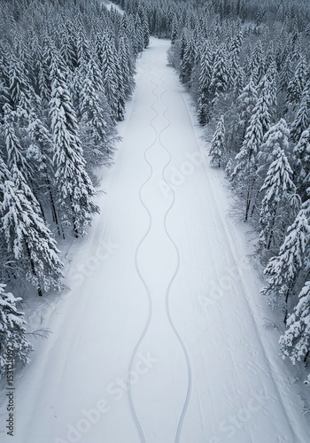 Snowy forest path winter scene