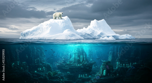 Polar bear on a melting iceberg above a sunken city.