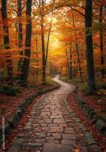 Stone path through autumn forest