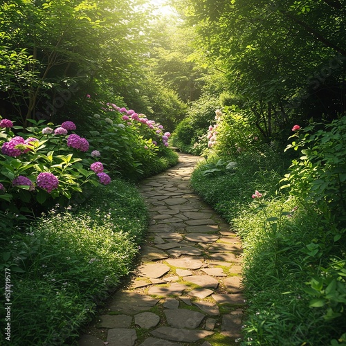Stone path through lush garden