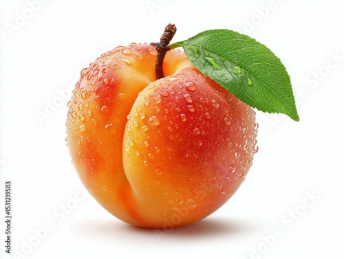 A single apricot with water droplets and a green leaf isolated on a white background in a studio shot