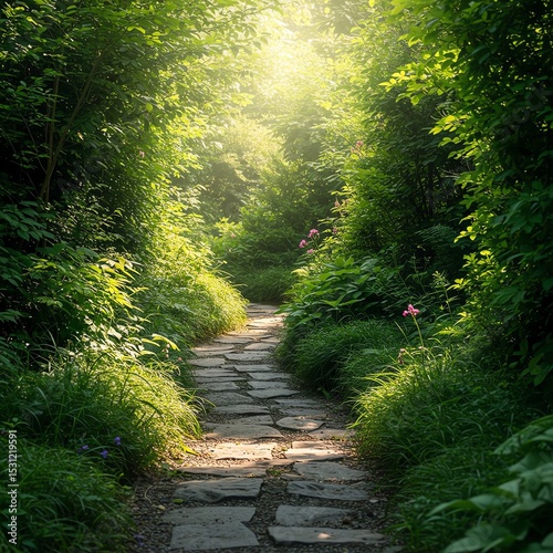 Stone path through lush green forest