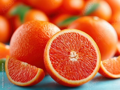 A close up view of cara cara oranges with slices on a blue surface in a bright studio setting