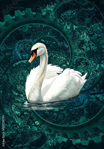 Swan illustration against intricate gear background