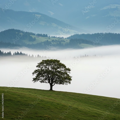 Tree on hill with misty mountain background
