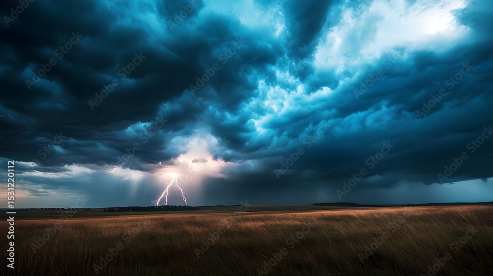 Obraz premium Outdoor photo capturing a powerful storm with dark clouds and intense weather conditions. Concept: Extreme weather, natural forces, climate change, atmospheric conditions, environmental impact.