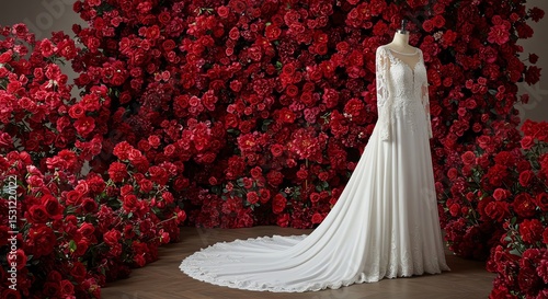 Wedding dress against red rose floral background