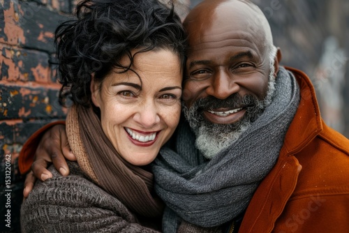 Portrait of a smiling multicultural couple in their 50s hugging each other