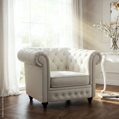 White armchair near window with light