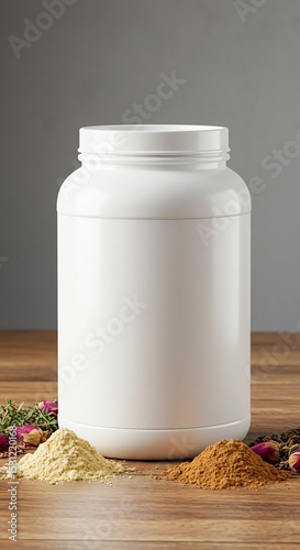 White container with powder and herbs